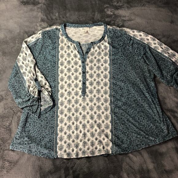 Style & Co Plus Size 3X Peasant Boho Top V Neck Roll Tab Stretch Paisley Popover - Picture 1 of 9